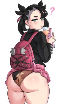 1girl ? ass backpack bag black_hair blush clothes_lift clueless food from_behind green_eyes highres huge_ass ice_cream long_hair looking_at_viewer looking_back marnie_(pokemon) miniskirt nintendo panties pokemon pokemon_swsh shiny_skin skirt skirt_lift solo thick_thighs thighs tongue tongue_out underwear wardrobe_malfunction wedgie ytrall