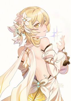 1girl artist_name backless_dress backless_outfit blonde_hair closed_mouth commentary detached_sleeves dress english_commentary flower from_behind genshin_impact hair_between_eyes hair_flower hair_ornament hair_ribbon hand_up highres light_smile looking_at_viewer looking_back lumine_(as_heaven_and_earth_are_made_anew)_(genshin_impact) lumine_(genshin_impact) lunacerra official_alternate_costume puffy_sleeves ribbon short_hair_with_long_locks simple_background solo upper_body white_background white_flower yellow_eyes