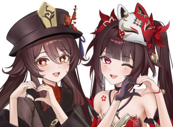 2girls bare_shoulders black_gloves butterfly-shaped_pupils commentary crossover detached_sleeves flower-shaped_pupils foka_(beginner) genshin_impact gloves hands_up heart heart_hands honkai:_star_rail honkai_(series) hu_tao_(genshin_impact) long_hair long_sleeves look-alike looking_at_viewer mark_under_both_eyes mihoyo multiple_girls open_mouth red_eyes single_glove sitting smile sparkle_(honkai:_star_rail) symbol-only_commentary symbol-shaped_pupils teeth twintails upper_body upper_teeth_only white_background