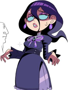 1boy 1girl 2025 arms_up breasts clenched_teeth commentary corset dress earrings english_commentary eyeshadow hair_between_eyes hex_maniac_(pokemon) hex_maniac_(pokemon_legends:_z-a) jewelry jojomama38 juliet_sleeves large_breasts light_blush lips logo long_hair long_sleeves low-tied_long_hair low_ponytail makeup medium_breasts neck_ribbon nintendo on_head open_mouth outstretched_arms pantyhose pokemon pokemon_legends:_z-a ponytail puffy_sleeves purple_eyeshadow purple_hair purple_lips purple_ribbon purple_shoes reference_work ribbon shoes sideways_glance signature simple_background smile spread_arms spread_fingers sweat sweatdrop taut_clothes teeth toon_(style) white_background