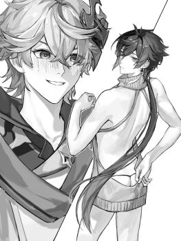 2boys alternate_costume ass bare_legs blush crossdressing crossdressing_(mtf) g-string genshin_impact greyscale hand_between_thighs highres monochrome multiple_boys tartaglia_(genshin_impact) tartali.club thong white_background yaoi yzszy zhongli_(genshin_impact)