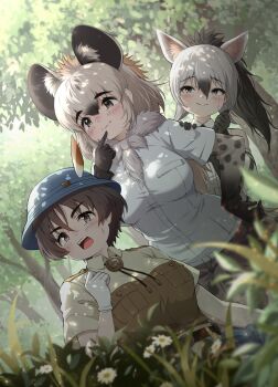 3girls aardwolf_(kemono_friends) animal_ears animal_print bare_shoulders black_hair blush breasts brown_hair bush captain_(kemono_friends) cutoffs elbow_gloves extra_ears forest fur_scarf gloves grass grey_hair hair_between_eyes highres hyena_ears hyena_girl hyena_tail kemono_friends kemono_friends_3 large_breasts layered_sleeves long_hair long_sleeves multicolored_hair multiple_girls nature necktie open_mouth outdoors pantyhose ponytail print_gloves print_pantyhose print_sleeves scenery shirt short_over_long_sleeves short_sleeves shorts sleeveless sleeveless_shirt smile spots spotted_hyena_(kemono_friends) spotted_tail sunlight tail tayuura_(kuwo) tree two-tone_hair white_hair