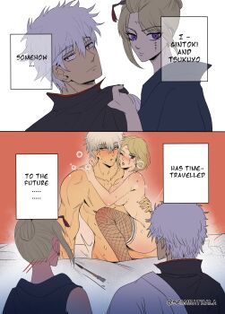 1boy 1girl absurdres before_and_after blonde_hair blush breasts commentary english_commentary english_text fishnet_pantyhose fishnets gintama highres large_breasts meme muscular muscular_male pantyhose sakata_gintoki seigibathala sex somehow_has_time-traveled_(meme) tsukuyo_(gintama) white_hair