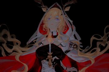 1girl animal_ears antlers arknights blonde_hair candlestand deer_ears floating_hair highres holding holding_candlestand hood hood_up horns long_hair looking_up nate71762013 reindeer_antlers very_long_hair viviana_(arknights)