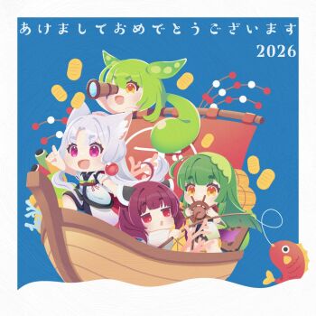 2026 4girls :d ahoge akeome animal_ear_fluff animal_ears blue_background blunt_bangs blunt_ends border brown_hair commentary_request edamame fish fishing fox_ears fox_girl green_hair happy_new_year headgear highres holding japanese_clothes jitome kimono long_hair long_sleeves multiple_girls new_year no_lineart open_mouth parted_bangs pink_eyes pointing rdchso83 red_eyes ship short_hair short_sleeves smile spyglass touhoku_itako touhoku_kiritan touhoku_zunko voiceroid voicevox watercraft white_border white_hair white_kimono wide_sleeves yellow_eyes zundamon