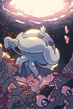 boat commentary coral crown english_commentary fish gen_3_pokemon gen_5_pokemon gen_7_pokemon highres jellicent jellicent_(male) jellyfish luvdisc nintendo no_humans petite_echorizon pokemon pokemon_(creature) seaweed swimming underwater water watercraft wishiwashi wishiwashi_(solo)