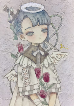 Rule 34 | 1girl, acrylic paint (medium), angel, angel wings, blue eyes, blue hair, bow, closed mouth, commentary request, dress, expressionless, flower, grey background, halo, highres, karintoun, long hair, looking at viewer, looking down, medium hair, original, painting (medium), pale skin, parted bangs, red flower, red rose, ribbon, rose, signature, simple background, sword, traditional media, upper body, watercolor (medium), weapon, white dress, wings