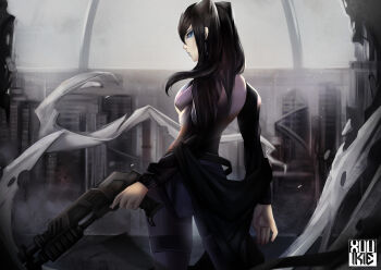 1girl absurdres belt black_belt black_hair blue_eyes blue_eyeshadow blue_lips ergo_proxy eyeliner eyeshadow finger_on_trigger from_behind gun highres holding holding_gun holding_weapon lipstick long_hair long_sleeves looking_at_viewer makeup off_shoulder pale_skin pants pump_action purple_pants re-l_mayer shotgun solo watermark weapon xuuikie_ashe