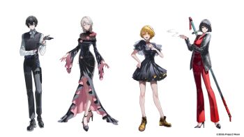 1boy 3girls absurdres black_dress black_eyes black_gloves black_hair black_jacket black_pants black_shoes black_vest blonde_hair cigarette commentary_request copyright_notice dagger don_quixote_(project_moon) dress faust_(project_moon) frilled_sleeves frills gloves hand_on_own_chest high_heels highres jacket knife limbus_company long_sleeves multiple_girls nero_hanken official_art ootachi open_mouth pants pink_dress project_moon red_eyes red_jacket red_pants ryoshu_(project_moon) sample_watermark shirt shoes short_hair simple_background smile smoke smoking sword sword_on_back thigh_sheath two-sided_dress two-sided_fabric vest watermark weapon weapon_on_back white_background white_hair white_shirt wide_sleeves yellow_eyes yi_sang_(project_moon)