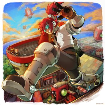 2boys 2girls aero_(mega_man) akaneko_(redakanekocat) barrett_(mega_man) blue_sky boots building character_request cloud cloudy_sky commentary_request data_(mega_man) forked_eyebrows gloves goggles grey_pants grin high_ponytail highres long_hair mega_man_(series) mega_man_legends_(series) mega_man_legends_3 multiple_boys multiple_girls on_roof outdoors pants ponytail red-haired_tarnished_(qiqiqiqi) roll_caskett_(mega_man) servbot_(mega_man) shirt sky smile sunrise w white_shirt