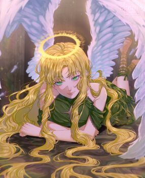 1girl barefoot black_dress black_socks blonde_hair blunt_bangs blurry_edges clothing_cutout crossed_arms curtained_hair dress elbow_rest falling_feathers feathered_wings feathers full_body green_eyes hair_over_shoulder halo halter_dress halterneck head_tilt highres kicking lace_socks lens_flare long_hair looking_at_viewer lying nadardoh omniscient_reader&#039;s_viewpoint on_stomach shoulder_cutout smile socks solo uriel_(omniscient_reader&#039;s_viewpoint) very_long_hair wavy_hair white_wings wings