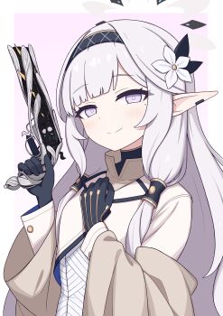 1girl absurdres black_gloves black_headband blue_archive blue_background blush bodysuit border brown_jacket closed_mouth commentary crossed_legs destiny_(game) flower gloves gun hair_flower hair_ornament halo hand_on_own_chest handgun headband highres himari_(blue_archive) holding holding_gun holding_weapon jacket long_hair looking_at_viewer lumina_(destiny) mole mole_under_eye multicolored_halo off_shoulder official_alternate_costume open_clothes open_jacket pointy_ears purple_eyes revolver simple_background sitting smile solo trigger_discipline two-tone_halo weapon white_background white_bodysuit white_border white_hair white_halo zddma20