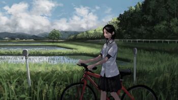 1girl bicycle black_hair black_skirt blue_sky cloud cloudy_sky collared_shirt commentary_request feet_out_of_frame from_side highres original outdoors pleated_skirt pushing_bicycle rice_paddy shirt short_sleeves skirt sky solo tree wabuchi walking white_shirt