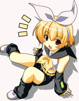 1girl :d absurdres belt black_leg_warmers black_sailor_collar black_shorts blonde_hair blush blush_stickers bow cosplay detached_sleeves fang hair_between_eyes hair_bow hair_ornament hairband highres higurashi_no_naku_koro_ni houjou_satoko kagamine_rin kagamine_rin_(cosplay) leg_warmers looking_at_viewer neckerchief notice_lines on_floor open_mouth red_eyes sailor_collar satokocel shadow shirt shoes short_hair shorts simple_background sitting skin_fang smile solo vocaloid white_background white_bow white_hairband white_shirt white_shoes yellow_belt yellow_neckerchief