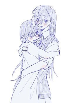 2girls aubrey_(headspace)_(omori) aubrey_(omori) blush bow bright_pupils collared_shirt commentary_request danmuji_07 double-parted_bangs greyscale hair_between_eyes hair_bow highres hug korean_commentary long_hair long_shirt looking_at_viewer lower_teeth_only mari_(headspace)_(omori) mari_(omori) monochrome multiple_girls omori open_mouth purple_theme shirt short_sleeves simple_background smile sweater_vest t-shirt teeth tongue