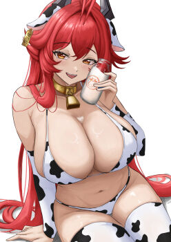 1girl :d absurdres animal_ears animal_print antenna_hair arm_support bare_shoulders bell bikini bottle breasts bust_cup cleavage collarbone commentary_request cow_ears cow_horns cow_print cow_print_bikini cow_print_sleeves cow_print_thighhighs cowbell detached_sleeves ear_tag goddess_of_victory:_nikke groin hair_between_eyes hair_flaps hair_intakes highres holding holding_bottle horns korean_commentary large_breasts long_hair looking_at_viewer mechanical_horns milk milk_bottle navel neck_bell open_mouth print_bikini print_thighhighs red_hair red_hood_(nikke) sidelocks simple_background sitting skindentation small_chair_(xiaosaiyi33818) smile solo stomach swimsuit teeth thighhighs upper_teeth_only very_long_hair white_background white_bikini white_sleeves white_thighhighs yellow_eyes