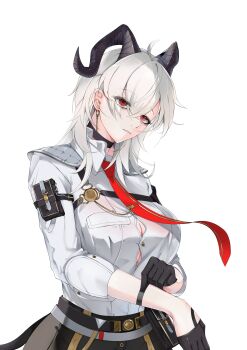 1girl absurdres ahoge arm_pouch black_choker black_gloves black_horns black_pants breasts button_gap chest_harness choker closed_mouth commentary cowboy_shot curled_horns earrings gloves harness highres horns jewelry key_earrings kraben large_breasts long_hair looking_at_viewer necktie pants parted_lips pouch red_eyes red_necktie shirt shirt_tucked_in simple_background solo white_background white_shirt wuthering_waves zani_(wuthering_waves)