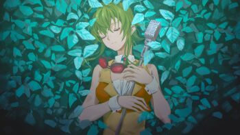 1girl bare_shoulders brooch closed_eyes collar commentary crop_top expressionless goggles goggles_around_neck green_hair gumi head_tilt highres holding holding_microphone_stand jewelry leaf leaf_background lying microphone microphone_stand on_back orange_vest plant red_goggles revision shirt short_hair_with_long_locks sidelocks sleeveless sleeveless_shirt solo upper_body vest vocaloid wounds404 wrist_cuffs yellow_shirt