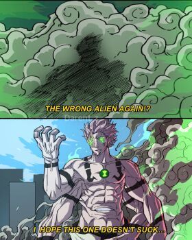 Rule 34 | 1boy, abs, alternate color, ben 10, ben tennyson, colored skin, darent z, english text, extra eyes, glowing, glowing eyes, green eyes, grey skin, highres, jujutsu kaisen, muscular, muscular male, omnitrix, pectorals, ryoumen sukuna (jujutsu kaisen), ryoumen sukuna (true form) (jujutsu kaisen), short hair, smoke, stomach mouth, transformation