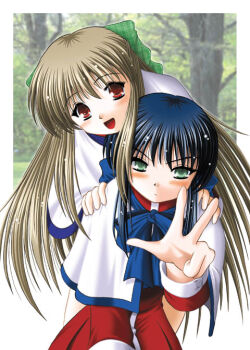 Rule 34 | 2girls, :d, archived source, black mouth, blonde hair, blue bow, blue hair, blue ribbon, blush, border, bow, buttoned cuffs, buttons, capelet, closed mouth, commentary request, cowboy shot, dated commentary, day, dress, expressionless, green bow, green eyes, hair bow, hands on another's shoulders, kanon, kawasumi mai, keito (keito-ya), key (company), kurata sayuri, light particles, long sidelocks, looking at viewer, multiple girls, neck ribbon, open mouth, outdoors, photo background, plaid bow, pleated dress, red dress, red eyes, red sleeves, ribbon, school uniform, sidelocks, smile, straight hair, tongue, tree, turtleneck, turtleneck dress, v, v-shaped eyebrows, white border, white capelet