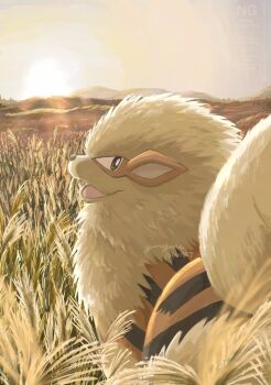 Rule 34 | animal focus, arcanine, fangs, fangs out, field, fluffy, gen 1 pokemon, looking at viewer, looking back, nintendo, no humans, omochi (aoi guruguru), open mouth, orange fur, outdoors, pokemon, pokemon (creature), pokemon focus, sky, sun, tail, wheat, wheat field