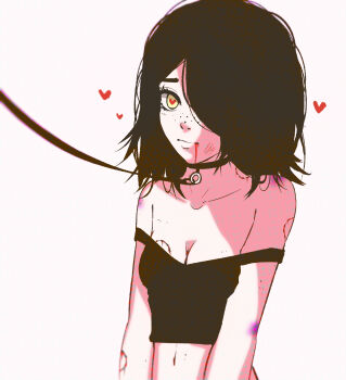 1girl abuse bite_marks blood collar freckles heart heart-shaped_pupils highres julia_(the_coffin_of_andy_and_leyley) leash lena_miaou mole symbol-shaped_pupils the_coffin_of_andy_and_leyley wounds