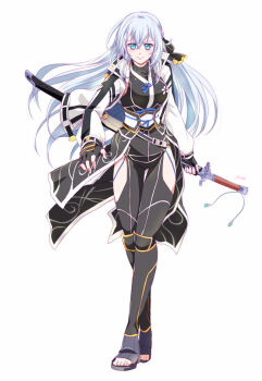 1girl artist_name black_gloves black_thighhighs breasts closed_mouth clothing_cutout eiyuu_densetsu fingerless_gloves floating_clothes floating_hair full_body gloves half_updo holding holding_sword holding_weapon jacket katana kuro_no_kiseki_(series) kuro_no_kiseki_i long_hair long_sleeves medium_breasts open_clothes open_jacket sandals shizuna_rem_misurugi simple_background smile solo sword tachi-e thigh_cutout thighhighs weapon white_background white_hair wing_collar xiacheng_tatsuya