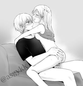 1boy 1girl asgykk blush breasts breasts_out brother_and_sister camisole censored closed_mouth collarbone ear_blush hand_on_another's_ass highres hoshino_aquamarine hoshino_ruby incest large_breasts long_hair monochrome nipples no_bra no_panties no_pants open_mouth oshi_no_ko penis sex shirt short_hair short_sleeves siblings sitting sitting_on_person sleeveless sweat sweatdrop twins vaginal