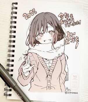 1girl 2025 absurdres art_tools_in_frame blush braid braided_bangs cardigan commentary_request cropped_torso fringe_trim highres looking_at_viewer original photo_(medium) scarf school_uniform shirt signature smile sofra solo traditional_media translation_request twitter_username upper_body watermark