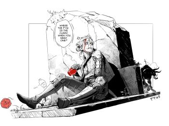 armor bleeding blood blood_from_forehead blood_on_face boulder d20_(die) dice english_text ff69_(ff69x) gauntlets greaves hiding holding_potion injury minotaur monster mouth_hold polyhedral_dice rock shield shield_on_back shoulder_armor spot_color spurs sword weapon