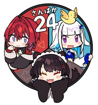 3girls :d ^_^ analog_clock ange_katrina ange_katrina_(1st_costume) animal animal_ears animal_hair_ornament animal_on_head bird bird_on_head blue_eyes blue_hair blunt_bangs blush_stickers brown_hair brown_tail chibi chibi_only clock closed_eyes closed_mouth colored_inner_hair commentary_request dog_ears dog_girl dog_tail fangs flower group_name hair_between_eyes hair_flower hair_intakes hair_ornament hand_up heterochromia inui_toko inui_toko_(1st_costume) lize_helesta lize_helesta_(1st_costume) long_hair looking_at_viewer maid_headdress mitsumine_(ookami_no_oyashiro) monocle multicolored_eyes multicolored_hair multiple_girls nijisanji no_pupils on_head open_mouth purple_eyes red_hair sanbaka_(nijisanji) sebastian_piyodore short_hair simple_background sleeves_past_fingers sleeves_past_wrists smile tail through_medium translated two-tone_eyes two-tone_hair virtual_youtuber white_background white_hair white_headdress yellow_bird