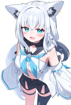 1girl absurdres animal_ears blue_eyes breasts commentary_request deaver detached_sleeves fox_ears fox_tail highres hololive looking_at_viewer medium_breasts open_mouth pentagram shirakami_fubuki shirakami_fubuki_(1st_costume) simple_background smile solo tail virtual_youtuber white_background white_hair white_sleeves