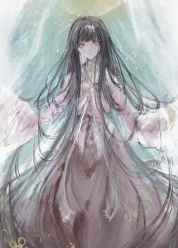 1girl absurdres black_hair blunt_bangs closed_mouth commentary highres hime_cut houraisan_kaguya light_smile long_hair long_sleeves looking_at_viewer pink_eyes pink_shirt red_skirt sesmkun shirt skirt solo touhou very_long_hair