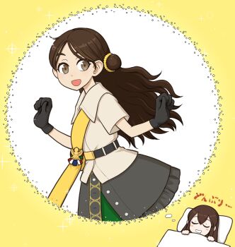 2girls akagi_(kancolle) badge black_skirt brown_eyes brown_hair brown_shirt commentary_request dreaming hair_bun highres kantai_collection multiple_girls nemu_(nemurakka) sash shirt skirt sleeping smile thick_eyebrows thonburi_(kancolle) yellow_sash