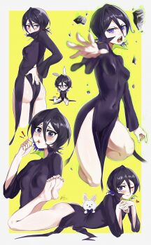 ! !! 1girl ;) absurdres animal_ears ass barefoot black_dress black_hair bleach blush breasts chibi cosplay covered_navel dress floating floating_object floating_rock green_outline heart highres kuchiki_rukia lying on_stomach one-punch_man one_eye_closed outline pear-shaped_figure purple_eyes rabbit rabbit_ears short_hair side_slit small_breasts smile solo tatsumaki tatsumaki_(cosplay) telekinesis waligner