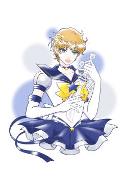 Rule 34 | absurdres, bishoujo senshi sailor moon, bishoujo senshi sailor moon stars, blonde hair, blue bow, blue choker, blue eyes, blue sailor collar, blue skirt, bow, brooch, choker, earrings, elbow gloves, gloves, highres, jewelry, sailor collar, sailor senshi uniform, sailor uranus, short hair, skirt, space sword, star (symbol), star brooch, super sailor uranus (stars), ten'ou haruka, wheather, white gloves, yellow bow