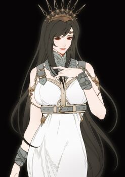 1girl armlet art_nouveau bare_shoulders black_background black_hair bracelet breasts closed_mouth commentary cowboy_shot crown dress earrings final_fantasy final_fantasy_vii final_fantasy_vii_rebirth final_fantasy_vii_remake gold_armlet highres jewelry large_breasts lips long_hair looking_at_viewer official_alternate_costume pink_lips princess_rosa_costume red_eyes sado_len solo swept_bangs tiara tifa_lockhart tifa_lockhart_(loveless_dress) untranslatable_commentary white_dress