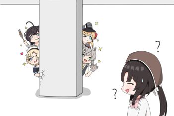 5girls ? akizuki_(kancolle) akizuki_(saury_festival)_(kancolle) apron brown_hat column commentary_request crack fish hat highres janus_(kancolle) kantai_collection kappougi multiple_girls nankai_(kancolle) nosaki_(kancolle) nowaki_(halloween)_(kancolle) nowaki_(kancolle) one-hour_drawing_challenge one_eye_closed peeking_out pillar ponytail prinz_eugen_(kancolle) waving