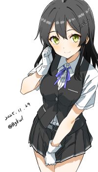 1girl absurdres bigkwl black_hair black_skirt black_vest blush breasts closed_mouth collared_shirt commentary dated dated_commentary double-parted_bangs gloves green_eyes hair_between_eyes hair_ornament hand_up highres kantai_collection long_hair looking_at_viewer medium_breasts miniskirt neck_ribbon one-hour_drawing_challenge oyashio_(kancolle) pleated_skirt purple_ribbon ribbon shirt short_sleeves simple_background skirt solo twitter_username vest white_background white_gloves white_shirt