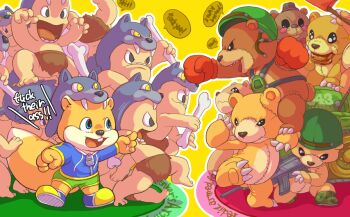 1boy blue_jacket bone boxing_gloves claws conker conker's_bad_fur_day english_text furry furry_male green_hat gun hat holding holding_bone holding_gun holding_weapon jacket loincloth mokechi outstretched_arm pointing profanity sharp_teeth stuffed_animal stuffed_toy teddy_bear tediz teeth uga_buga weapon weapon_request zipper_pull_tab