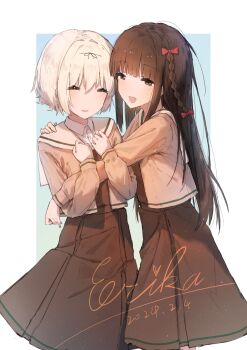 Rule 34 | 2girls, absurdres, black hair, border, bow, braid, brown dress, brown eyes, closed eyes, commentary, dated, dress, erika (user spth3377), hair bow, hair ribbon, hanamura hinako, highres, hug, kitanai kimi ga ichiban kawaii, long hair, long sleeves, multiple girls, open mouth, outside border, pinafore dress, red bow, ribbon, school uniform, sezaki airi, shirt, short hair, side braids, signature, sleeveless, sleeveless dress, symbol-only commentary, white border, white hair, white shirt, yuri