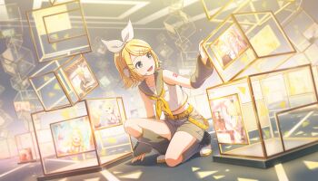 1girl 25-ji_len 25-ji_rin :d akiyama_mizuki arm_tattoo belt blonde_hair bloom_festival_(project_sekai) bow bow_hairband colorful_palette cube detached_sleeves full_body game_cg green_eyes grey_leg_warmers grey_sailor_collar grey_shorts grey_sleeves hair_ornament hairband hairclip headset highres hinomori_shiho kagamine_len kagamine_rin leg_warmers leo/need_rin medium_hair momoi_airi more_more_jump!_rin neckerchief number_tattoo official_art open_mouth project_sekai sailor_collar shirt shoes shorts sleeveless sleeveless_shirt smile tattoo tenma_saki third-party_source tongue triangle vivid_bad_squad_rin vocaloid white_bow white_hairband white_shirt white_shoes wonderlands_x_showtime_rin yellow_belt yellow_neckerchief