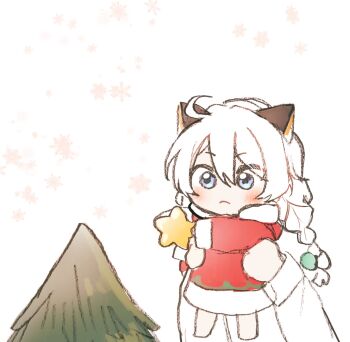Rule 34 | 5rwpvc, ahoge, animal ears, blue eyes, blush, cat ears, chibi, christmas tree, hair between eyes, hair ornament, highres, holding, honkai (series), honkai impact 3rd, kiana kaslana, long sleeves, santa costume, snow, twintails, white background, white hair
