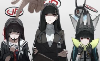 1other 3girls :t absurdres animal_ears arms_under_breasts averting_eyes bitter_melon black_gloves black_hair black_jacket blue_archive blunt_bangs breasts chisa_(wuthering_waves) closed_mouth commentary crossover ear_wiggle eating fingerless_gloves food food_in_mouth fox_ears fox_girl gloves grey_background hair_ornament hair_ribbon halo highres holding holding_food hoshimi_miyabi hosun id_card jacket large_breasts long_hair looking_at_viewer multiple_crossover multiple_girls neckerchief pocky pocky_in_mouth pov pov_hands red_eyes red_neckerchief red_ribbon ribbon rio_(blue_archive) sailor_collar sideways_glance simple_background single_fingerless_glove sweater tailless_(zenless_zone_zero) veins white_sailor_collar white_sweater wuthering_waves zenless_zone_zero