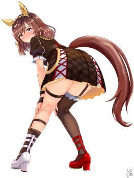 1girl absurdres animal_ears ass asymmetrical_footwear asymmetrical_legwear blush braid breasts brown_hair brown_jacket brown_skirt buena_vista_(heroina_inocente)_(umamusume) buena_vista_(umamusume) checkered_collar checkered_hairband closed_mouth commentary_request ear_covers full_body garter_straps hair_between_eyes hair_ornament hairband headband highres horse_ears horse_girl horse_tail jacket looking_at_viewer looking_back medium_hair mismatched_footwear pout purple_eyes short_sleeves simple_background single_thighhigh skirt solo sweatdrop tail thigh_strap thighhighs umamusume uneven_legwear white_background white_skirt yashimo_1875