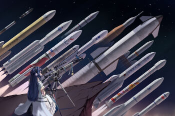 1girl absurdres arknights astesia_(arknights) astesia_(starseeker)_(arknights) bird bird_on_object blue_eyes chinese_national_space_administration european_space_agency from_behind gloves highres holding holding_sword holding_weapon logo nasa nasa_logo real_life ribbon rocket_ship sitting sky solo spacecraft spacex star_(sky) starry_sky sword telescope weapon wide_shot wuudete