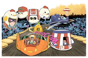 baseball_cap bird chicken city crmanzana earrings f-zero feather_earrings feathers food fruit gloves hat helmet highres hololive hololive_english jewelry kfp_employee_(takanashi_kiara) nintendo orange_hair pineapple road tagme takanashi_kiara takanashi_kiara_(casual) vehicle virtual_youtuber yellow_gloves