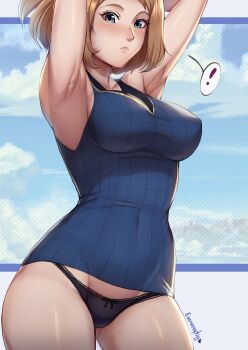 ! 1girl armpits arms_up artist_name black_panties blonde_hair blue_eyes blue_shirt blush breasts evomanaphy fire_emblem fire_emblem_heroes freckles highres female_kiran_(fire_emblem) kiran_(fire_emblem) large_breasts looking_at_viewer medium_hair nintendo panties shirt signature speech_bubble stretching striped_clothes striped_shirt underwear