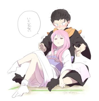 Rule 34 | 1boy, 1girl, alternate costume, alternate hairstyle, alternate universe, bare legs, black hair, black kimono, black socks, blush, commentary request, crossed legs, hetero, japanese clothes, kimono, leg up, long hair, long shirt, looking ahead, looking at viewer, looking down, looking up, loose clothes, loose socks, lying, lying on person, mat, missing legwear, natsuki subaru, official alternate costume, official alternate hairstyle, on floor, on person, orange scarf, oversized clothes, pink eyes, pink hair, ram (re:zero), re:zero kara hajimeru isekai seikatsu, re:zero kara oboreru isekai seikatsu, scarf, short hair, sitting, socks, surprised, sweat, translation request, tukemono6, white background, white kimono, white socks