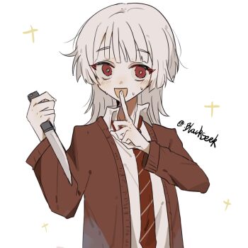 Rule 34 | 1boy, :d, blackseek, blush, brown cardigan, cardigan, chinese commentary, collared shirt, commentary request, dress shirt, finger to mouth, holding, holding knife, index finger raised, knife, male focus, necktie, open mouth, red eyes, red necktie, saihate eki, shirt, short hair, shushing, simple background, smile, solo, sparkle, sweat, tatsunami shion, upper body, white background, white hair, white shirt